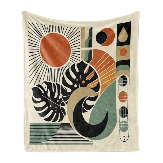 Ambesonne Monstera Fleece Throw Blanket Boho Mid Century Sun Leaf 50"x60" Cinnamon Black Beige