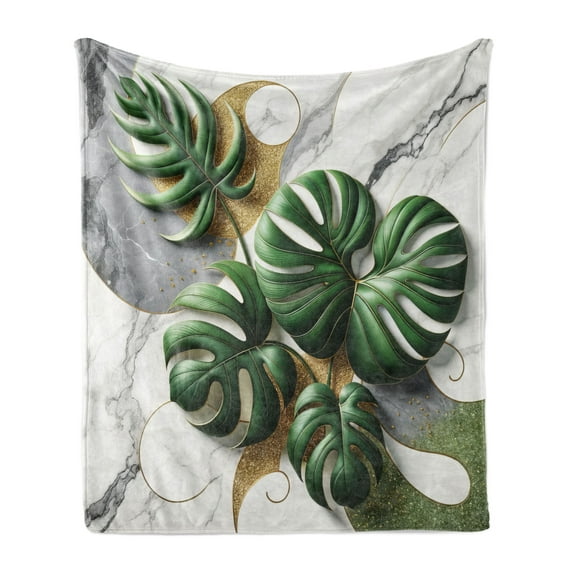 Ambesonne Monstera Fleece Throw Blanket Marble Boho Mid Century 70"x90" Pale Grey Fern Green
