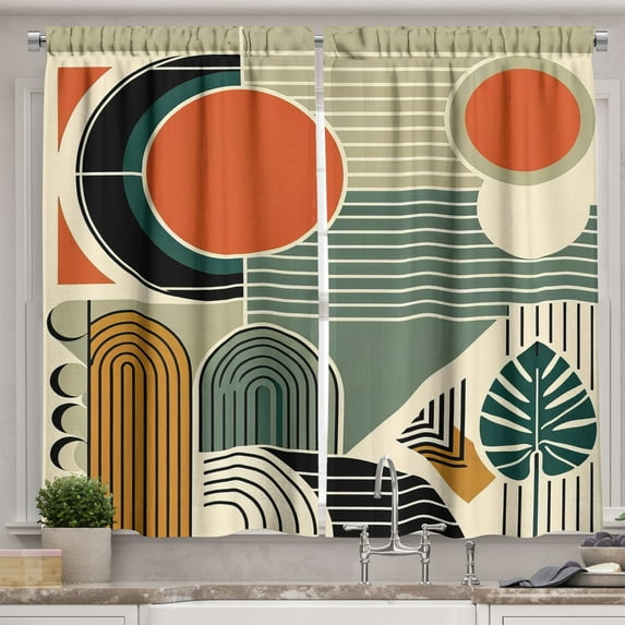 Ambesonne Monstera Kitchen Curtains, Abstract Boho Mid Century, 55"x24", Burnt Orange Pale Khaki
