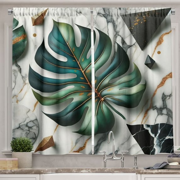 Ambesonne Monstera Kitchen Curtains, Abstract Mid Century Art, 55"x36", Fern Green Teal and Pale Grey