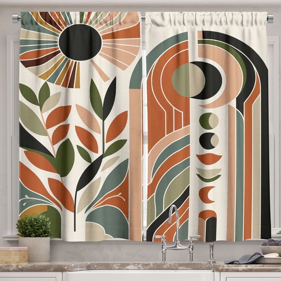 Ambesonne Monstera Kitchen Curtains, Abstract Mid Century Boho, 55"x30", Beige Green and Burnt Orange