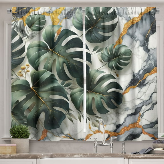 Ambesonne Monstera Kitchen Curtains, Abstract Mid Century Boho, 55"x30", Dark Green Dimgray