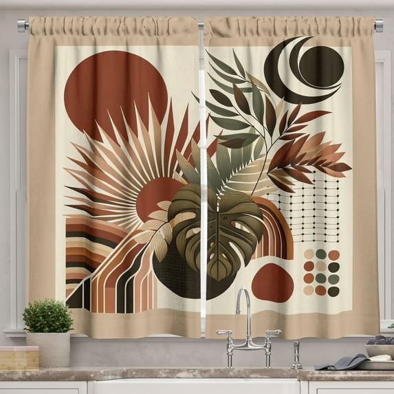 Ambesonne Monstera Kitchen Curtains, Abstract Mid Century Boho, 55"x45", Redwood Beige and Black