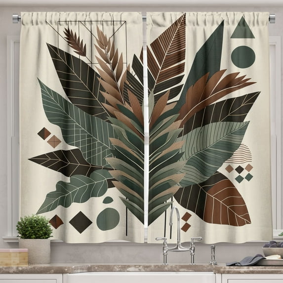 Ambesonne Monstera Kitchen Curtains, Boho Abstract Tropical Art, 55"x24", Evergreen Sage Green Fawn
