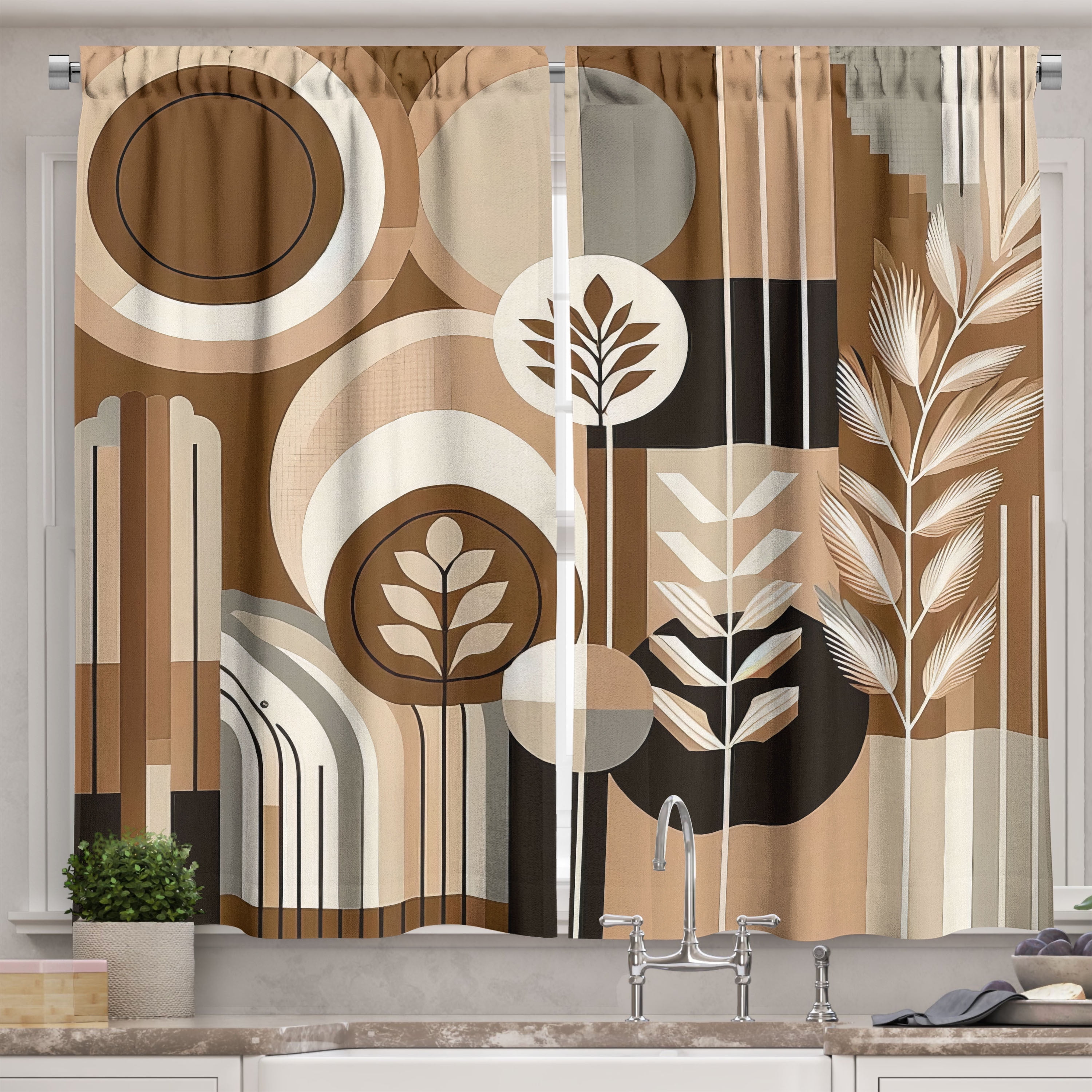Tropical Gray and Cinnamon Polyester Kitchen Tier Curtains, 55'' x 45''