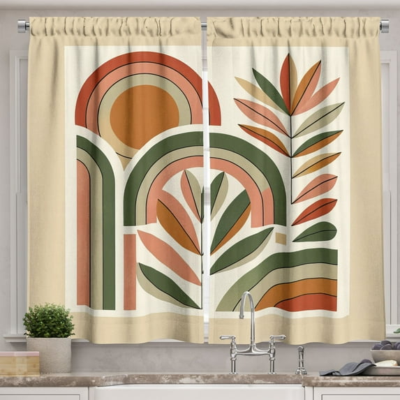 Ambesonne Monstera Kitchen Curtains, Boho Mid Century Abstract, 55"x45", Dark Rust Beige Green