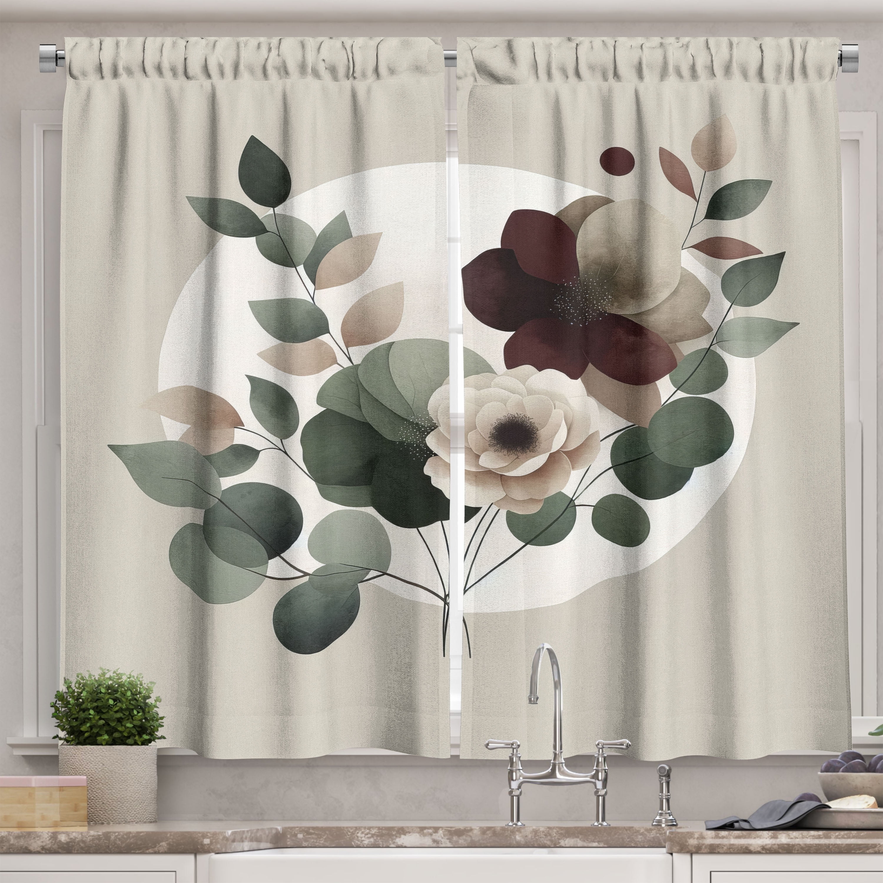 Pale Sage Green Blush Floral Polyester Kitchen Tier Curtains
