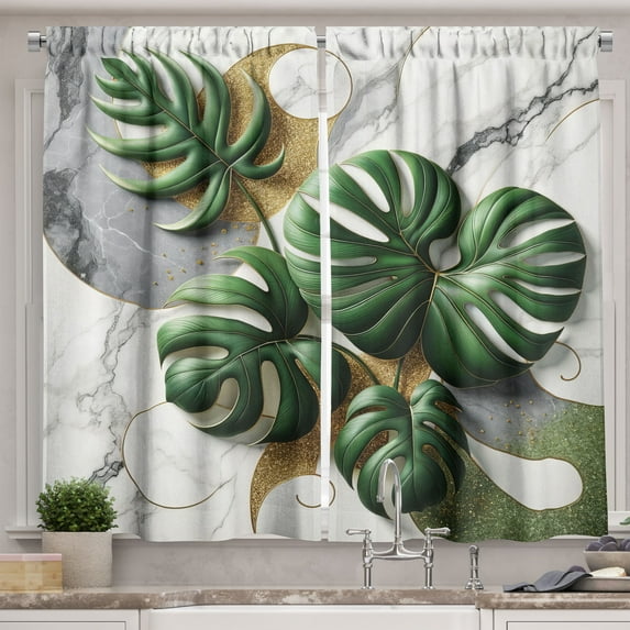 Ambesonne Monstera Kitchen Curtains, Marble Boho Mid Century, 55"x39", Pale Grey Fern Green