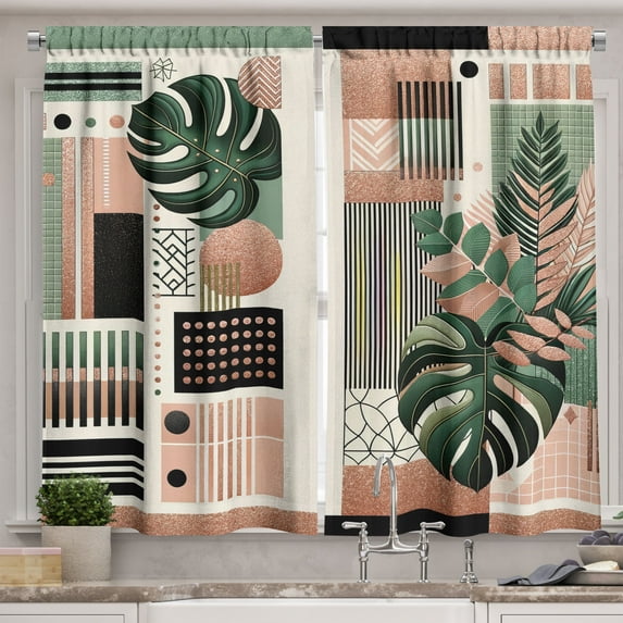 Ambesonne Monstera Kitchen Curtains, Mid Century Boho Shapes, 55"x36", Evergreen Pale Rust Brown