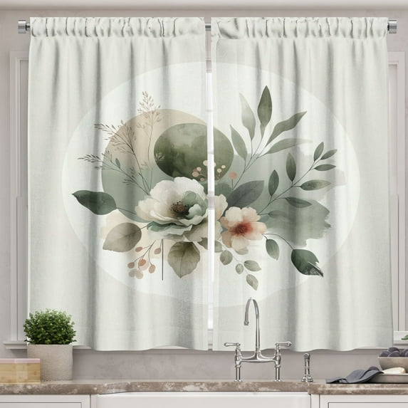 Ambesonne Monstera Kitchen Curtains, Minimalist Floral Boho, 55"x30", Pale Sage Green Coconut