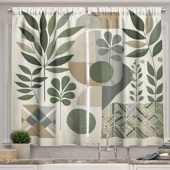 Ambesonne Monstera Kitchen Curtains, Minimalist Floral Romance, 55"x30", Pale Reseda Green Sepia