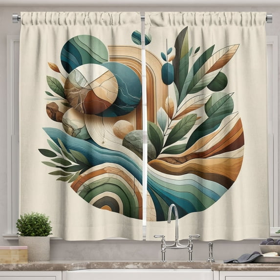 Ambesonne Monstera Kitchen Curtains, Sage Love Boho Mid Century, 55"x36", Teal Amber Olive Green
