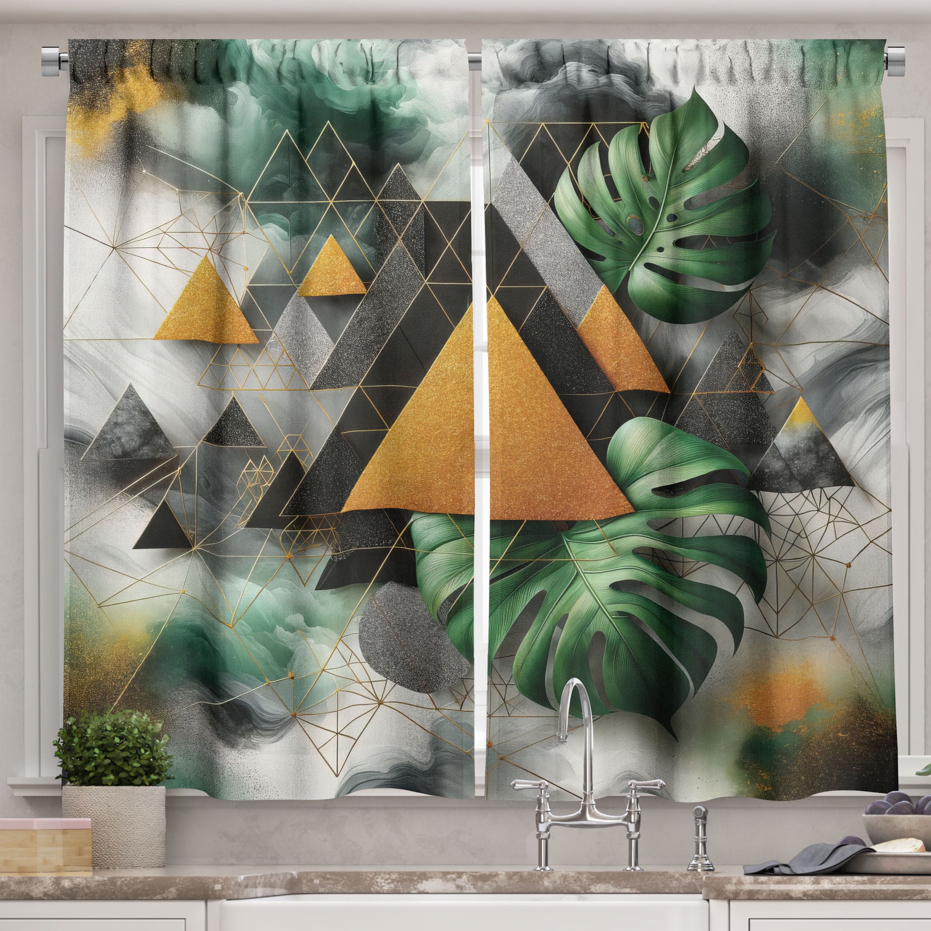 Abstract Green and Gold Polyester Kitchen Window Curtains, 55" x 36", Set of 2
