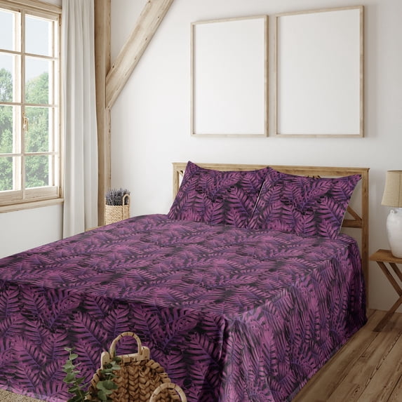 Ambesonne Monstera Leaves Fitted & Flat Sheet with Sham 3 Pcs Set, Boho Palm Leaves, Twin, Fuchsia Dark Magenta