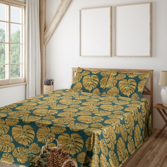 Ambesonne Monstera Leaves Fitted & Flat Sheet with Shams 4 Pcs Set, Art Tropical Leafy, Calking, Teal Pale Earth Yellow