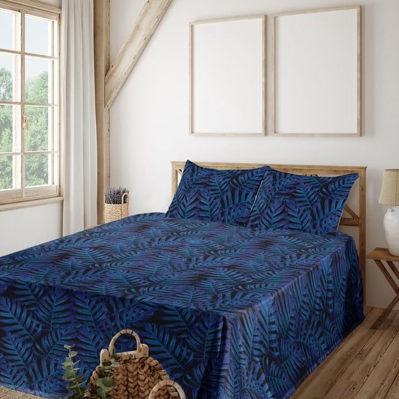Ambesonne Monstera Leaves Fitted & Flat Sheet with Shams 4 Pcs Set, Night Jungle Palm, Calking, Dark Blue Sea Blue
