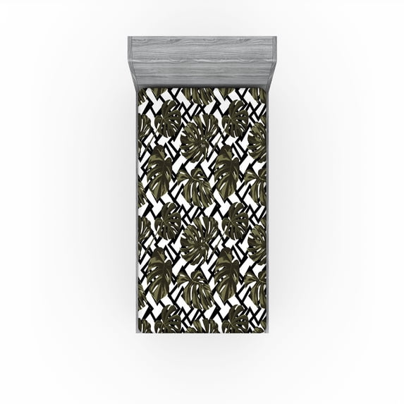 Ambesonne Monstera Leaves Fitted Sheet, Abstract Palm Leaf, Twin Size, Peacock Green Dark Green