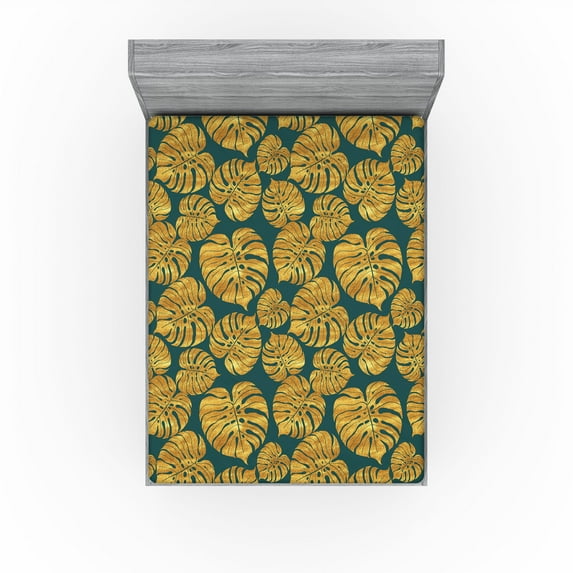 Ambesonne Monstera Leaves Fitted Sheet, Art Tropical Leafy, Full Size, Teal Pale Earth Yellow