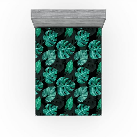 Ambesonne Monstera Leaves Fitted Sheet, Art Tropical Leaves, King Size, Jade Green Sea Green