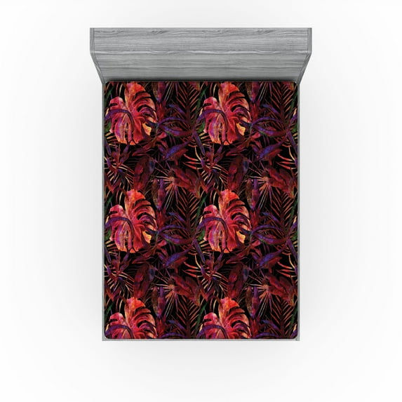 Ambesonne Monstera Leaves Fitted Sheet, Dark Spooky Leaf, Queen Size, Indigo Dark Coral Blush
