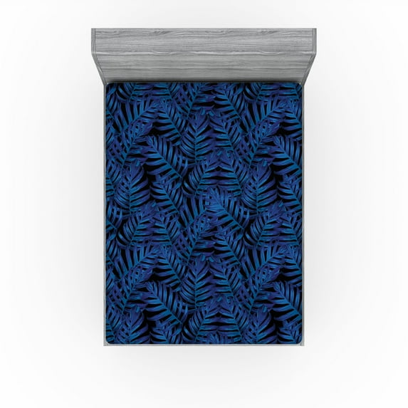 Ambesonne Monstera Leaves Fitted Sheet, Night Jungle Palm, King Size, Dark Blue Sea Blue