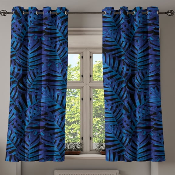 Ambesonne Monstera Leaves Grommet Curtain, Night Jungle Palm, 50"x63", Dark Blue Sea Blue