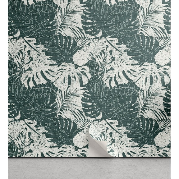 Ambesonne Monstera Leaves Peel & Stick Wallpaper for Home, Tropical Grunge, 13"x72", Forest Green Eggshell