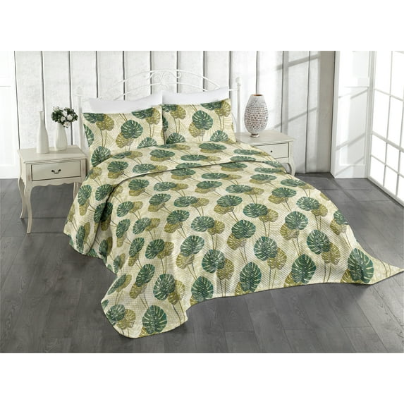 Ambesonne Monstera Leaves Quilted Coverlet 3 Pcs, Tropical Leafy Art, King Size, Fawn Hunter Green