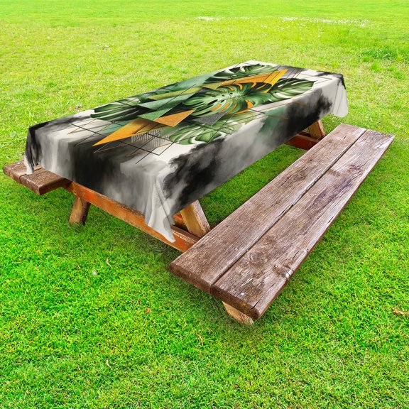 Ambesonne Monstera Outdoor Tablecloth, Leaves Triangles Mystery, 58"x84", Camel Grey and Fern Green