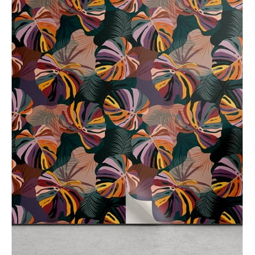 Ambesonne Monstera Peel & Stick Wallpaper for Home, Color Jumble Exotic Leaves, 13"x100", Teal Orange Multicolor