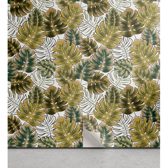 Ambesonne Monstera Peel & Stick Wallpaper for Home, Urban Jungle Leaves Exotic, 13"x100", Khaki Green Brown Grey