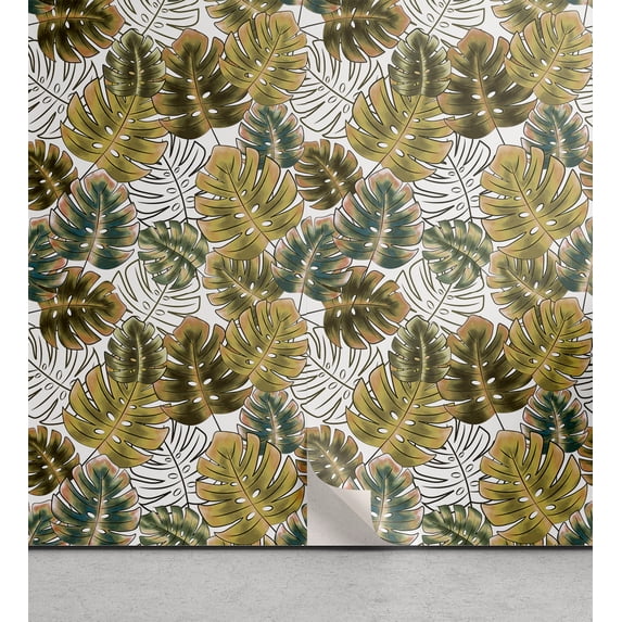 Ambesonne Monstera Peel & Stick Wallpaper for Home, Urban Jungle Leaves Exotic, 13"x72", Khaki Green Brown Grey