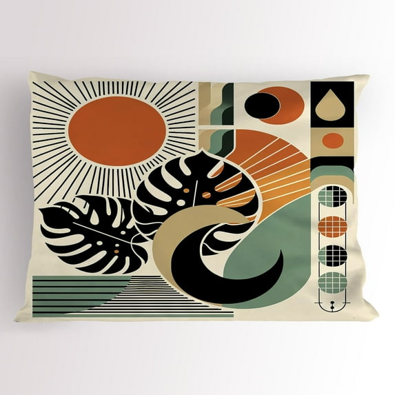 Ambesonne Monstera Pillow Sham, Boho Mid Century Sun Leaf, 26" X 20", Cinnamon Black Beige