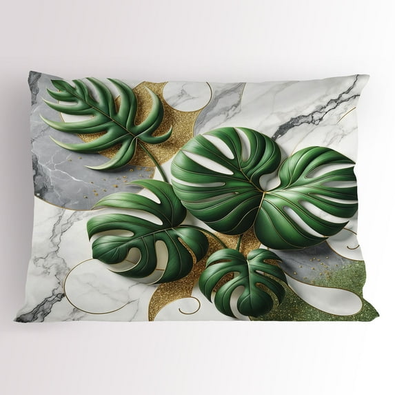 Ambesonne Monstera Pillow Sham, Marble Boho Mid Century, 26" X 20", Pale Grey Fern Green