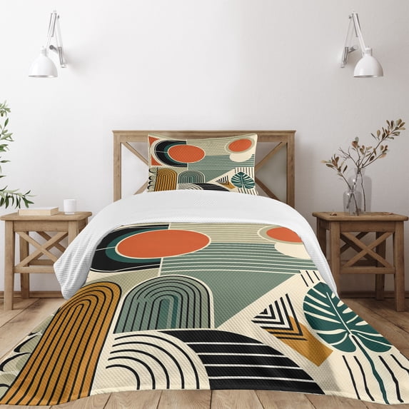 Ambesonne Monstera Quilted Bedspread Set 2 Pcs, Abstract Boho Mid Century, Twin Size, Burnt Orange Pale Khaki
