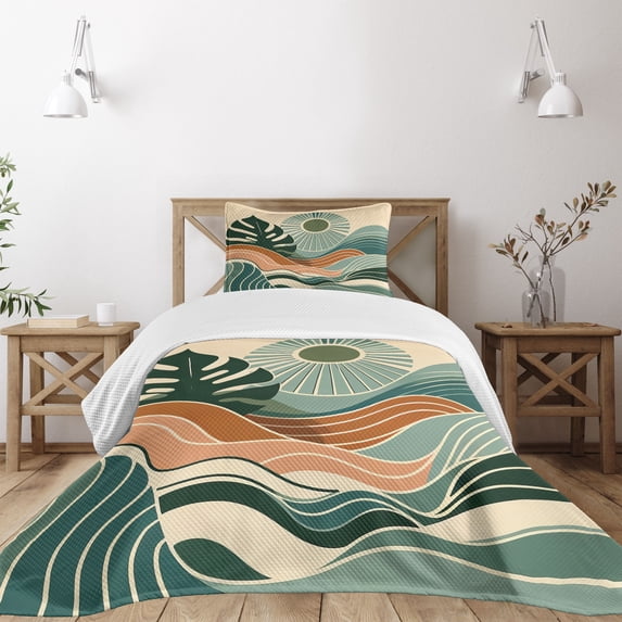 Ambesonne Monstera Quilted Bedspread Set 2 Pcs, Abstract Landscape Boho, Twin Size, Evergreen Pale Seafoam
