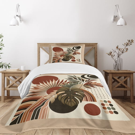 Ambesonne Monstera Quilted Bedspread Set 2 Pcs, Abstract Mid Century Boho, Twin Size, Redwood Beige and Black