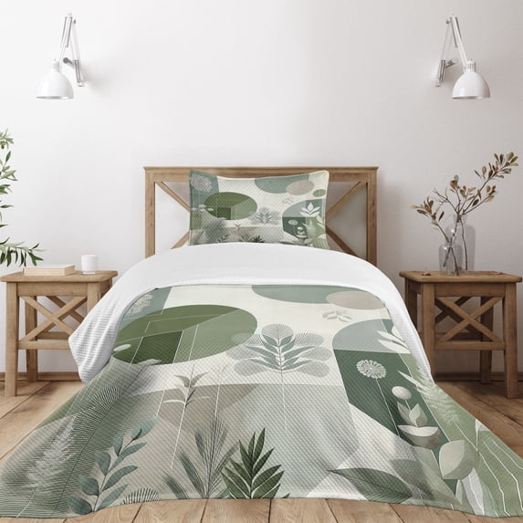 Ambesonne Monstera Quilted Bedspread Set 2 Pcs, Boho Love Mid Century Art, Twin Size, Reseda Green Taupe