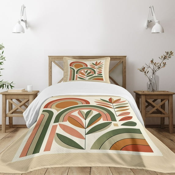 Ambesonne Monstera Quilted Bedspread Set 2 Pcs, Boho Mid Century Abstract, Twin Size, Dark Rust Beige Green