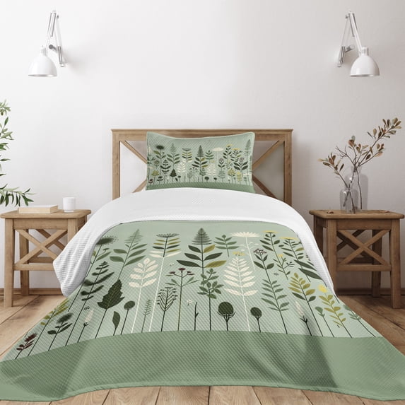 Ambesonne Monstera Quilted Bedspread Set 2 Pcs, Scandinavian Botanical Art, Twin Size, Pale Green Coconut Fawn