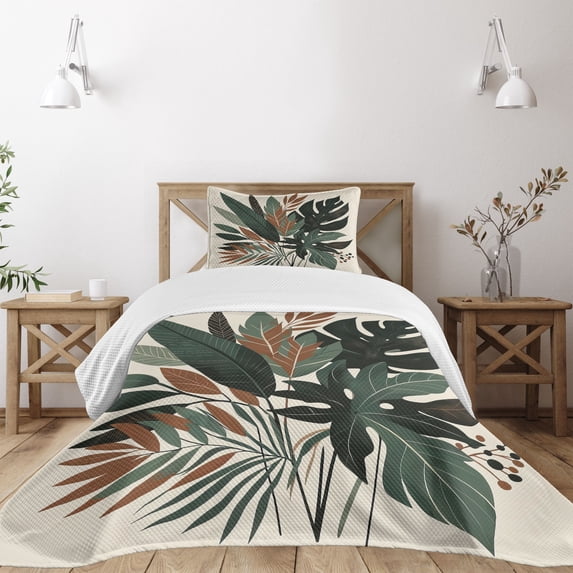 Ambesonne Monstera Quilted Bedspread Set 2 Pcs, Tropical Abstract Boho Art, Twin Size, Sage Green Fawn Evergreen
