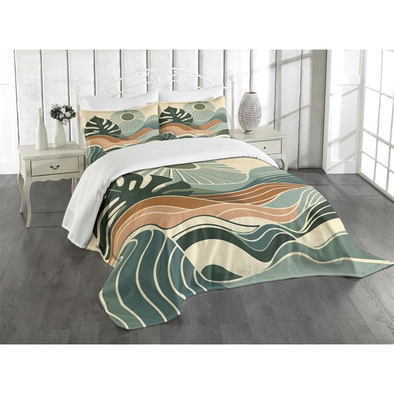 Ambesonne Monstera Quilted Bedspread Set 3 Pcs, Abstract Landscape Boho, Queen Size, Evergreen Pale Seafoam