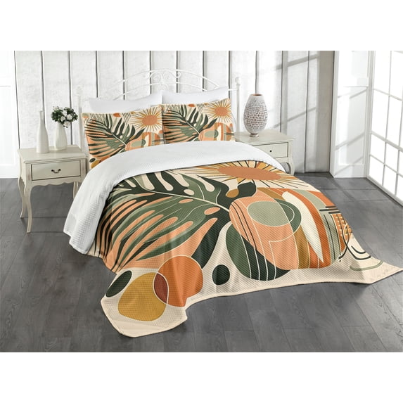 Ambesonne Monstera Quilted Bedspread Set 3 Pcs, Leaves Mid Century Boho, Queen Size, Peach and Pale Reseda Green