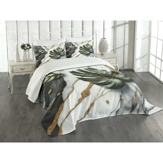 Ambesonne Monstera Quilted Bedspread Set 3 Pcs, Marble Mid Century Boho, King Size, Dimgray Hunter Green