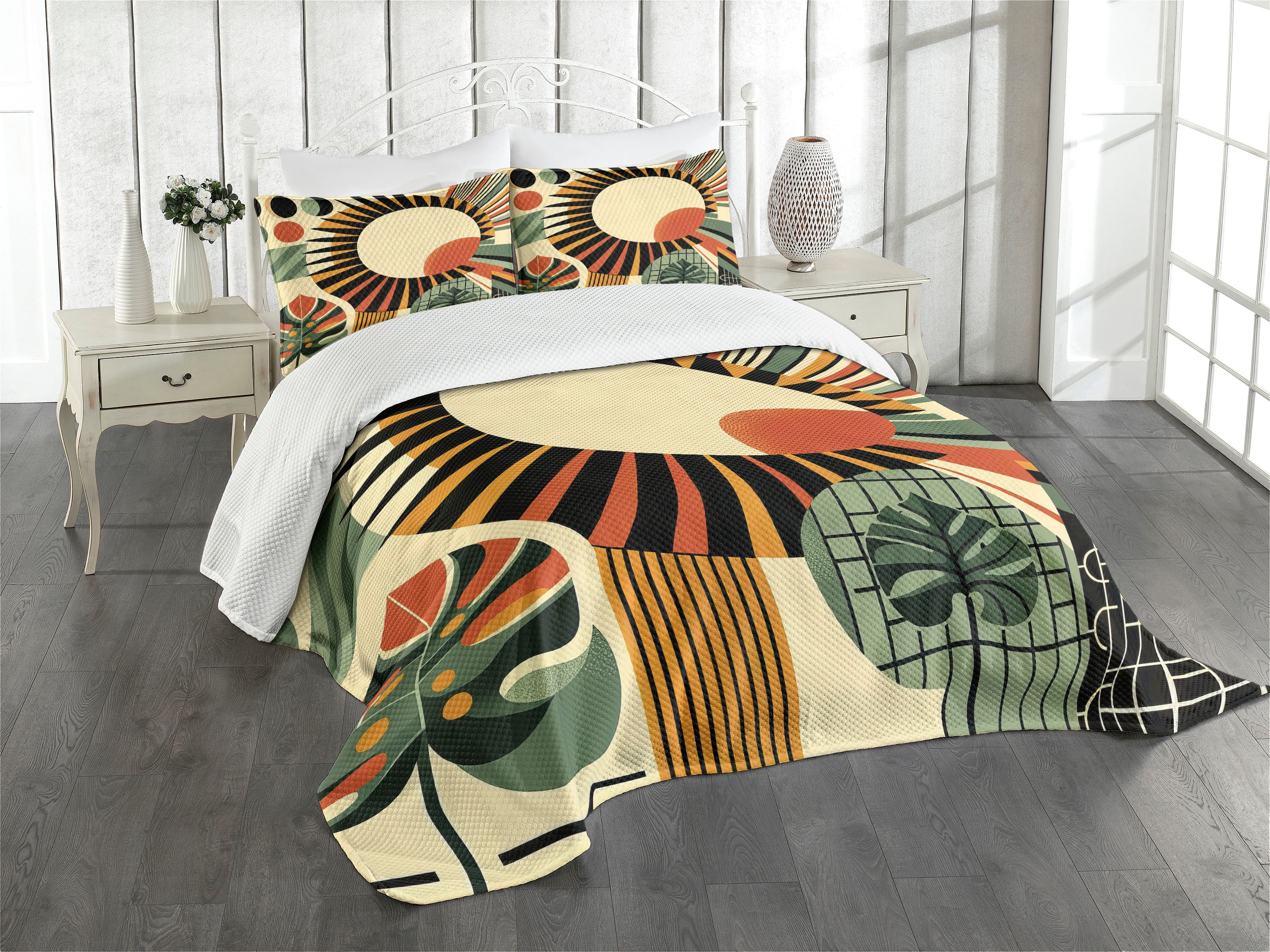 King Size Beige Burnt Orange Black Quilted Bedspread Set