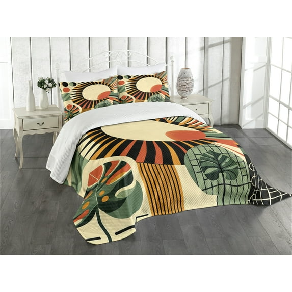 Ambesonne Monstera Quilted Bedspread Set 3 Pcs, Mid Century Abstract Sun, King Size, Beige Burnt Orange Black