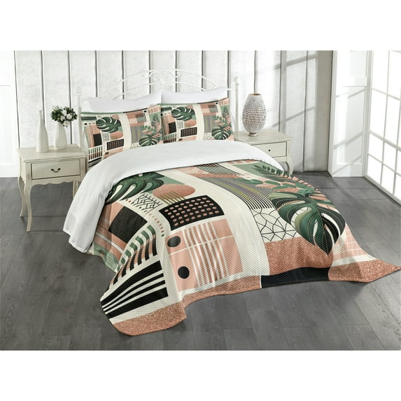 Ambesonne Monstera Quilted Bedspread Set 3 Pcs, Mid Century Boho Shapes, Queen Size, Evergreen Pale Rust Brown
