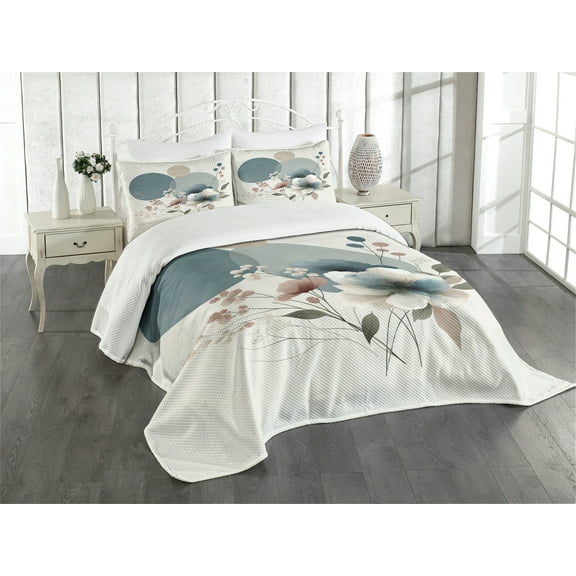 Ambesonne Monstera Quilted Bedspread Set 3 Pcs, Minimalistic Floral Print, Queen Size, Blue Grey and Blush