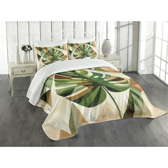 Ambesonne Monstera Quilted Bedspread Set 3 Pcs, Nature Boho Scandinavian, Queen Size, Fern Green Sepia and Cocoa