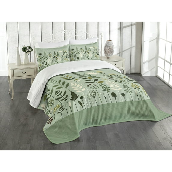 Ambesonne Monstera Quilted Bedspread Set 3 Pcs, Scandinavian Botanical Art, King Size, Pale Green Coconut Fawn